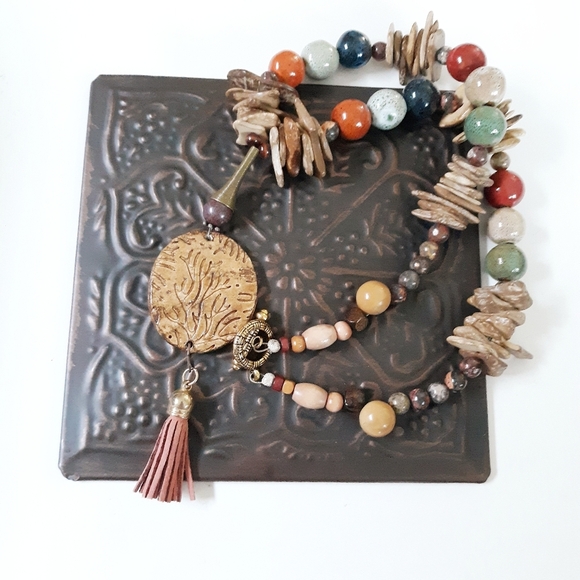 NWT Earthy Bohemian Pottery Tassel Necklace OOAK - Picture 2 of 5